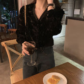 Sexy V-Neck Velvet Black Elegant Long Sleeve Shirt